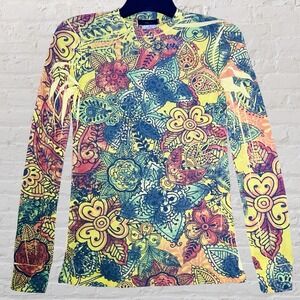 Fleurish Boho Floral Lightweight Thermal Long Sleeve‎ Top Size M Rhinestones NWT